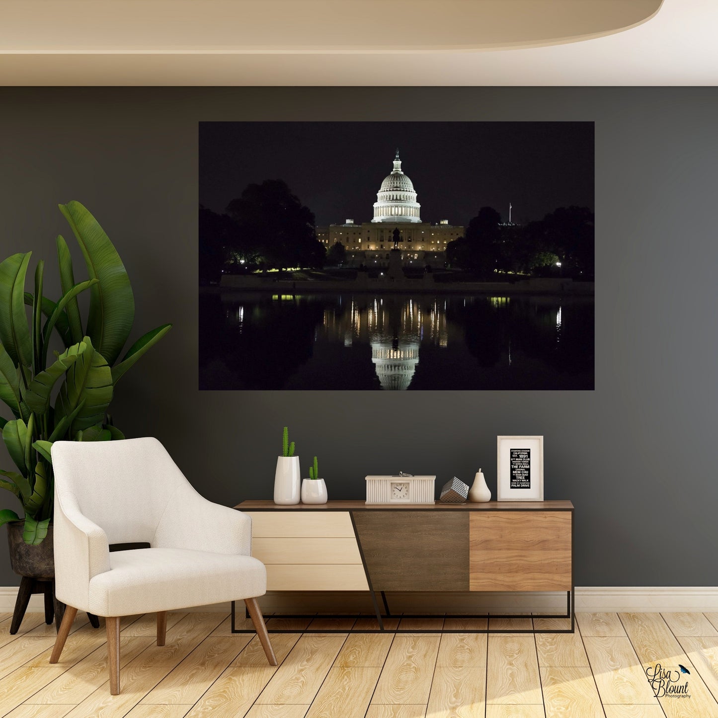 Contemporary sitting area office featuring large wall art of US Capitol Building 