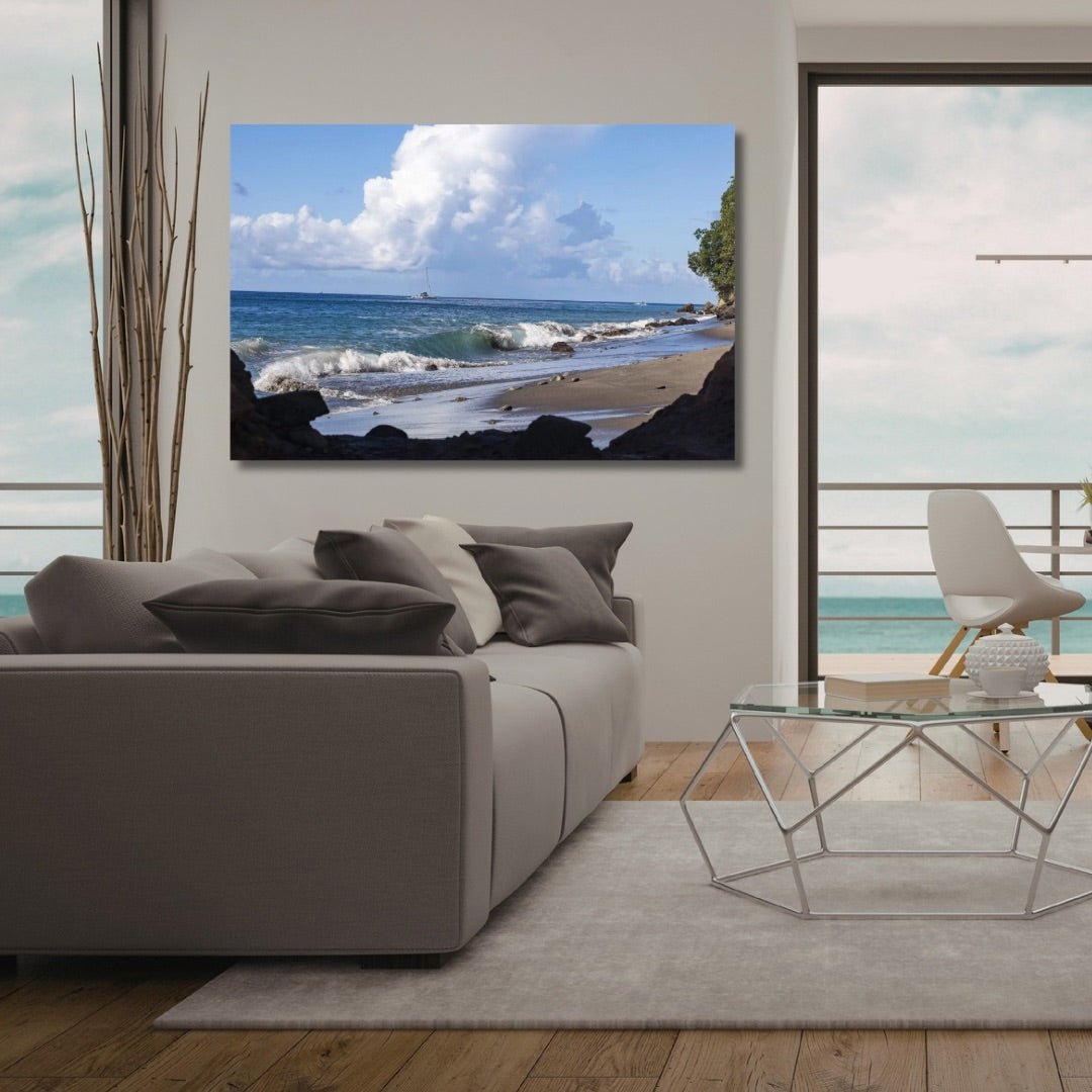 Color of St. Lucia Coast contemporary coastal wall art displayed in a modern gray living room.