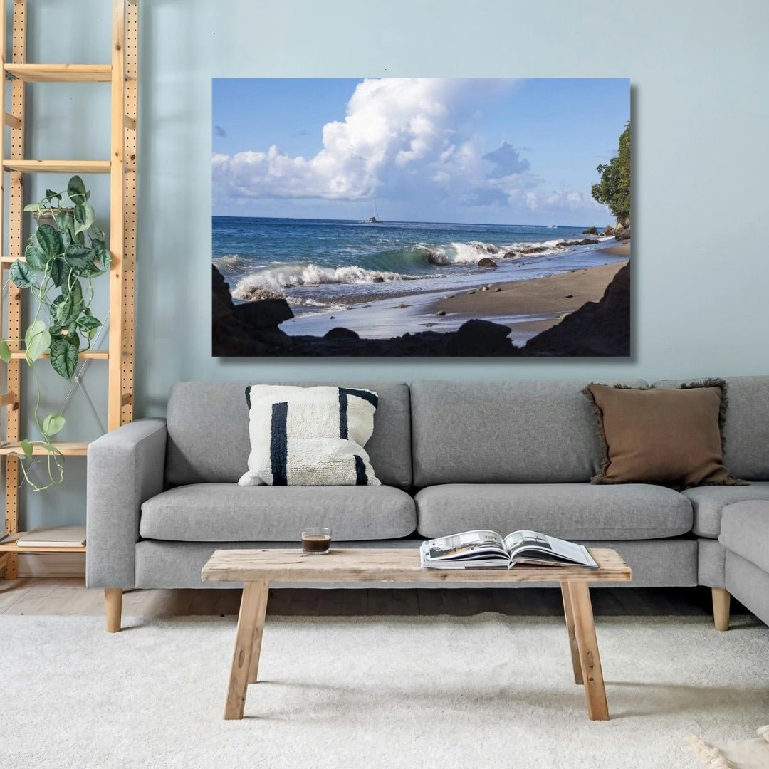 Color of St. Lucia Coast tropical coastal wall art displayed in a modern living room overlooking the ocean.