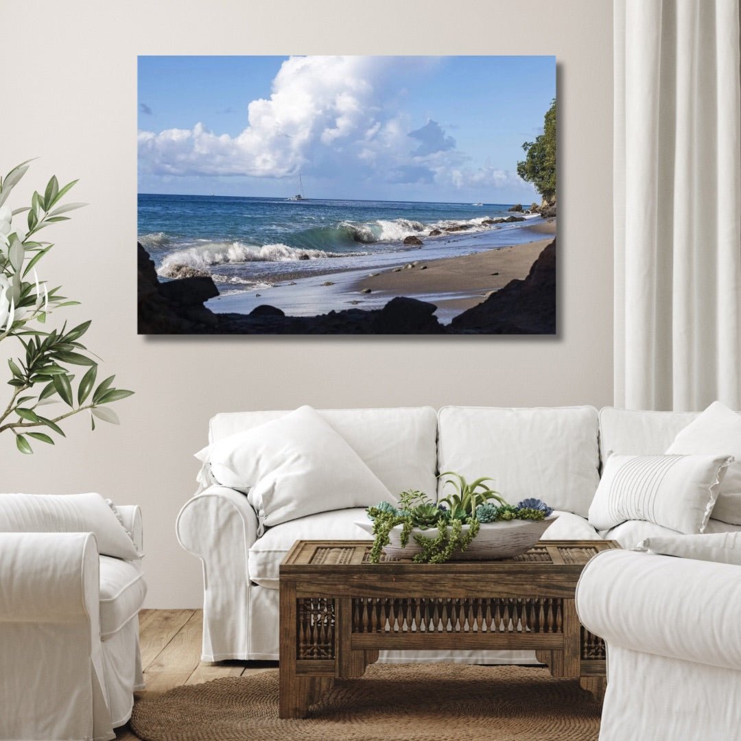 Color of St. Lucia Coast modern coastal wall art displayed above a white sofa in a contemporary living room.