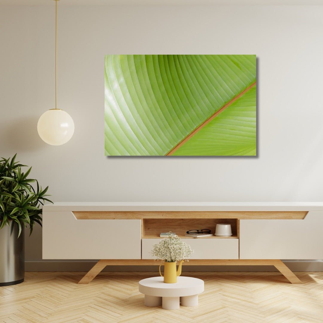Color of Banana Leaves fine art photography displayed above a light wood console, bringing modern botanical style and tropical green tones into a contemporary living room.