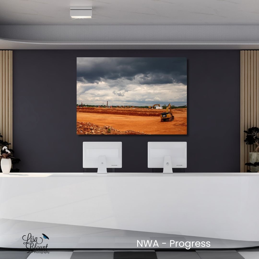 Industrial wall art for an engineering entry featuring NWA Progress, a Northwest Arkansas construction photograph from Sharp’s APAC Quarry.