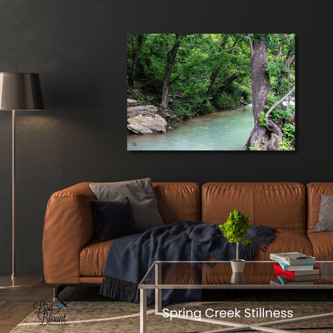 Spring Creek Stillness Arkansas creek wall art displayed in a modern living room with woodland greens, soft water tones, and nature-inspired decor.