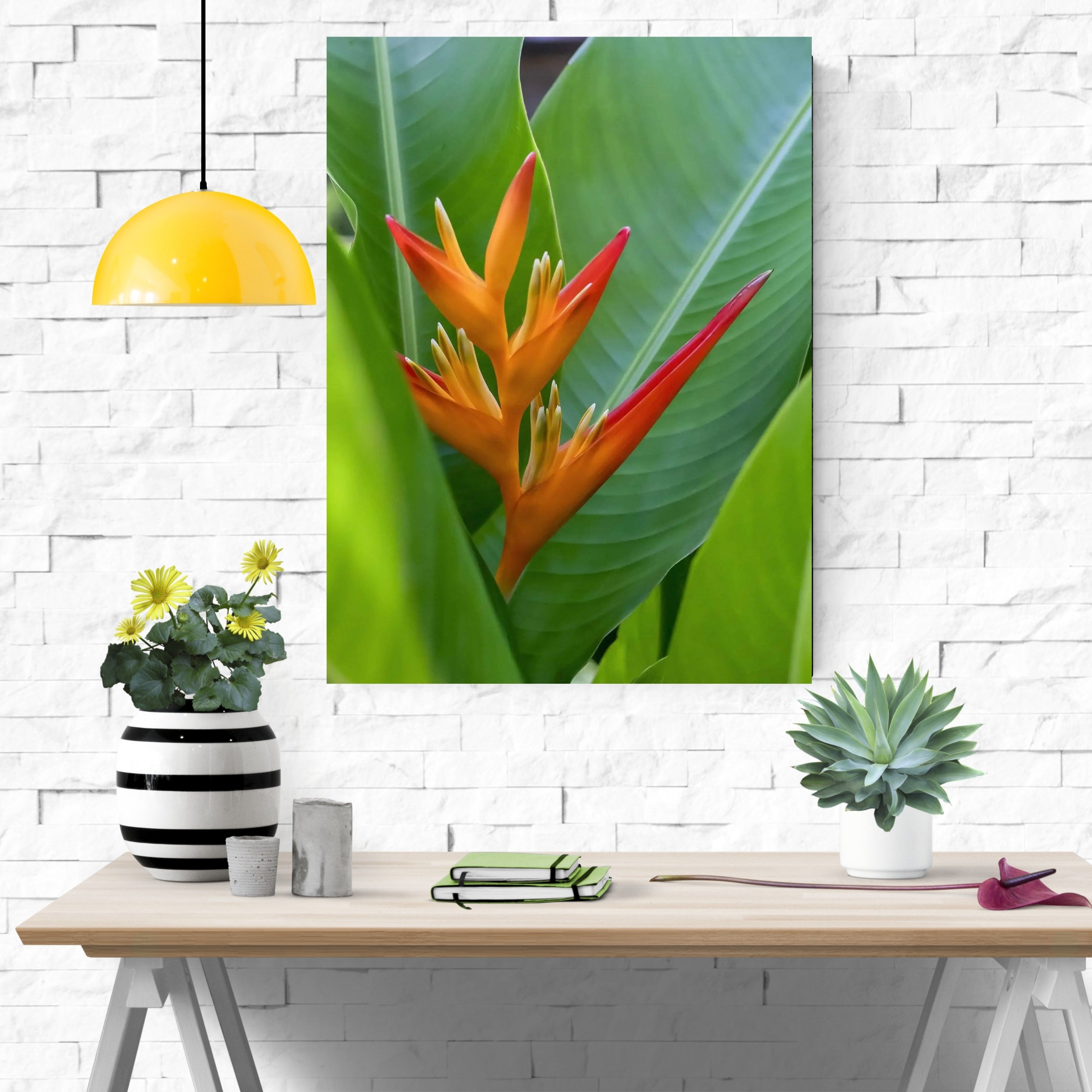 bird of paradise wall art hanging on white brick wall with light colored accents features