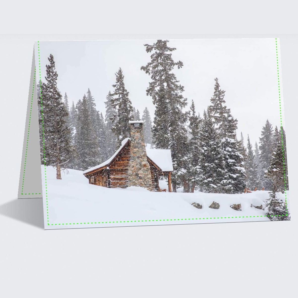 Mountain Memories linen Christmas cards featuring a snow-covered Colorado cabin - set of 25 folded 7x5 greeting cards by Lisa Blount Photography.