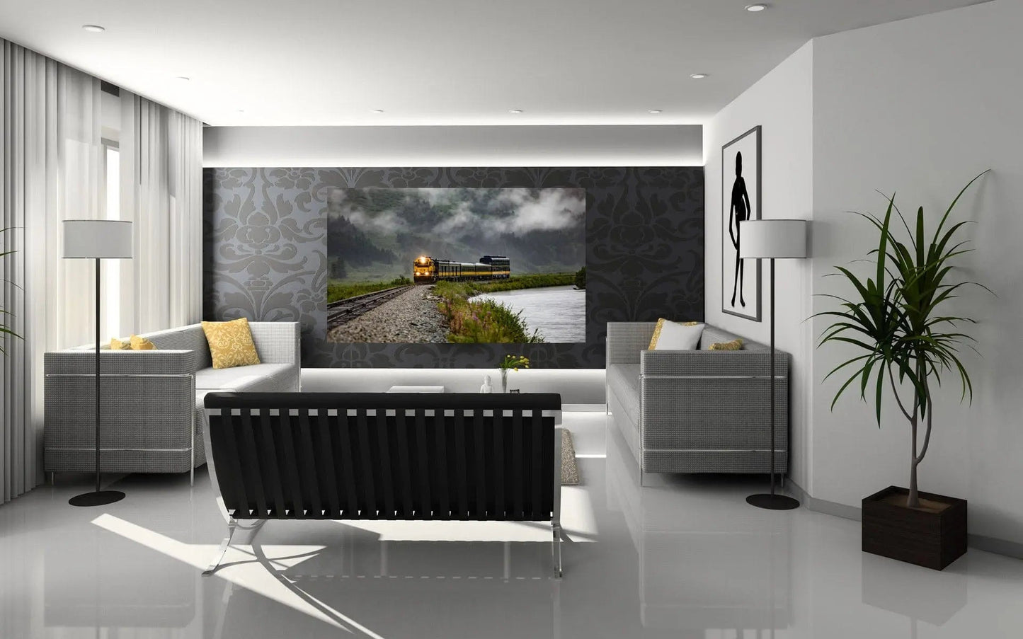 Large art of Alaska train locomotive in trendy black white condo living room