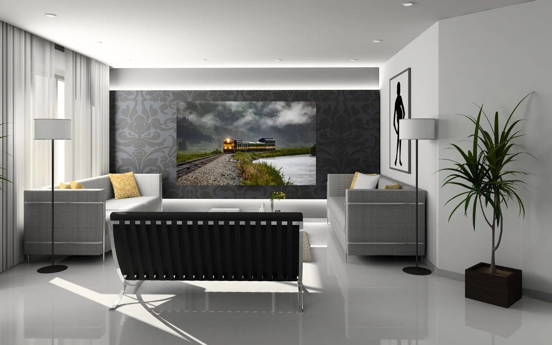 Wide panoramic Alaska train wall art hanging in a modern white-and-gray living space with sleek minimalist décor.
