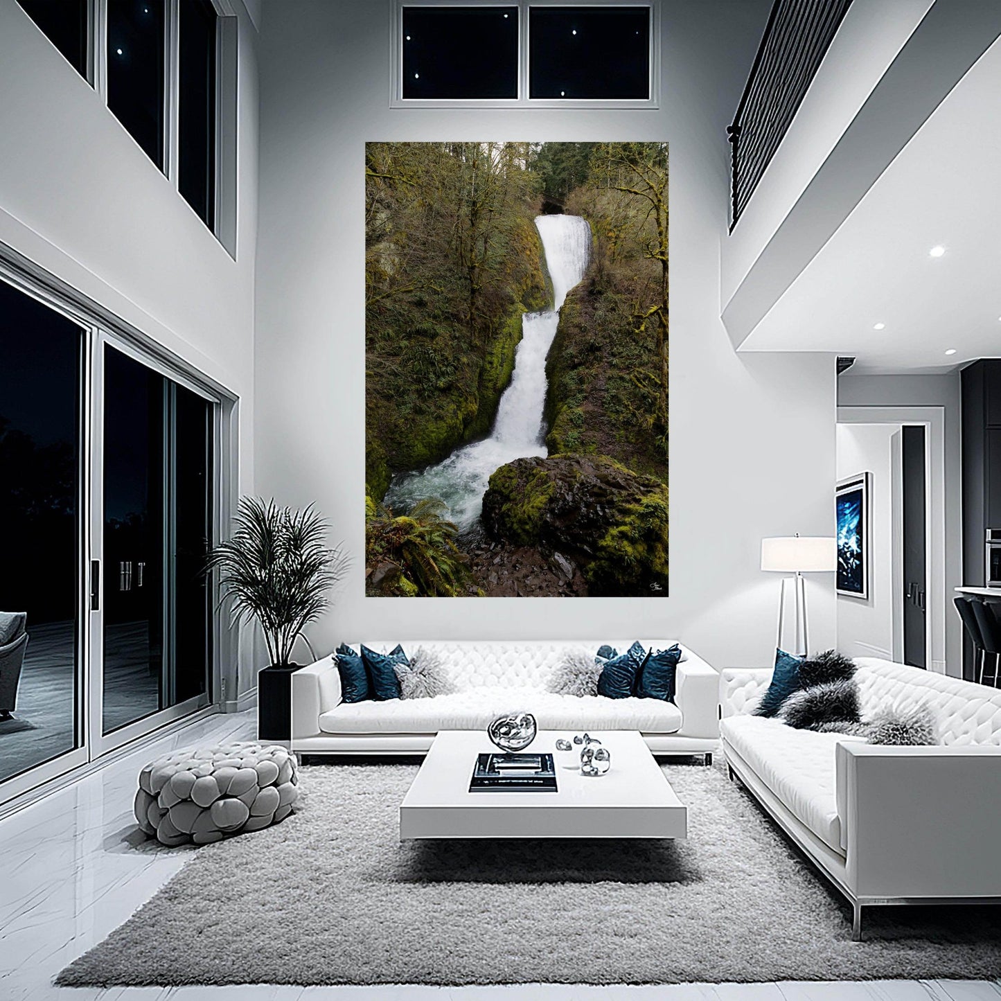 Large art of Bridal Veil Falls hanging on wall in contemporary white gray two-story room