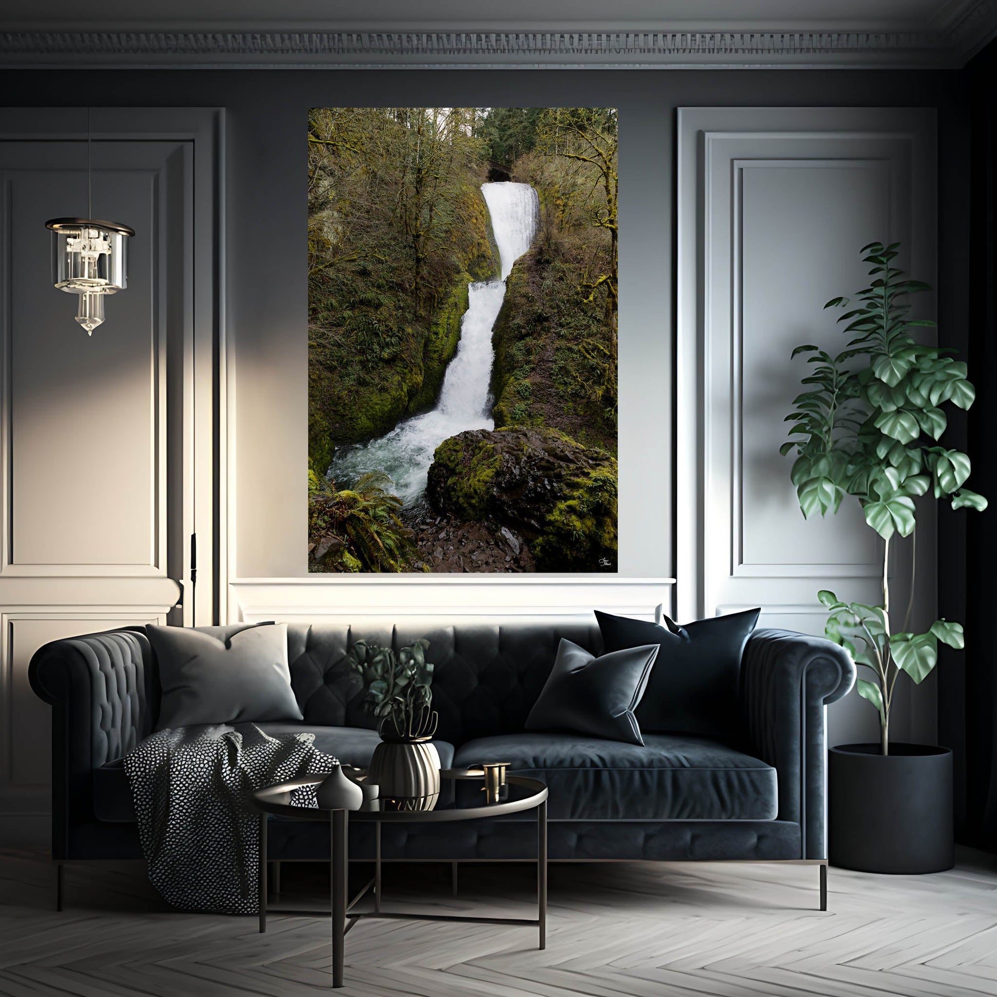 Bridal Veil Falls art hanging above luxury couch in gray room