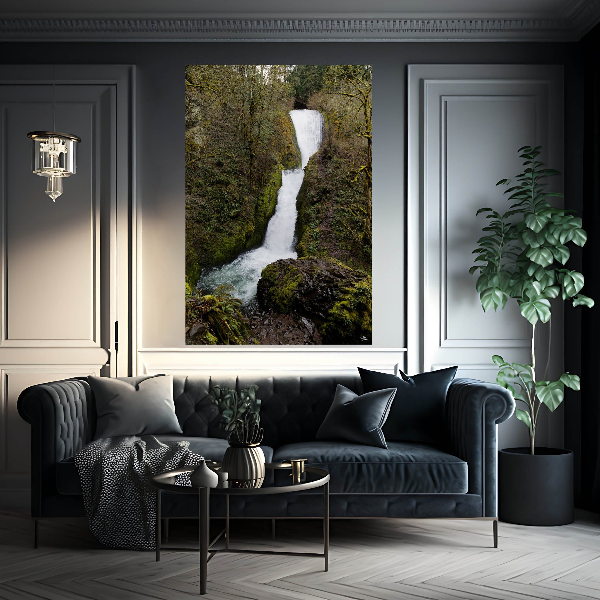 Bridal Veil Falls art hanging above luxury couch in gray room