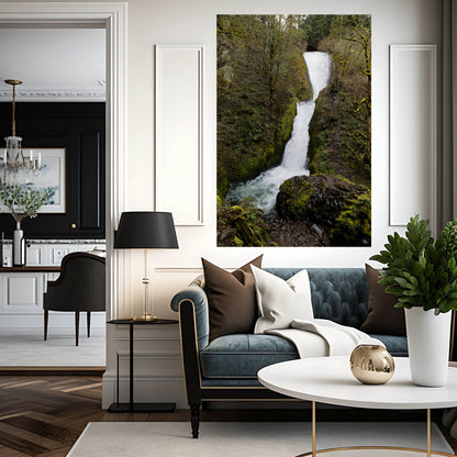 Bridal Veil waterfall large art on white wall above luxury teal couch