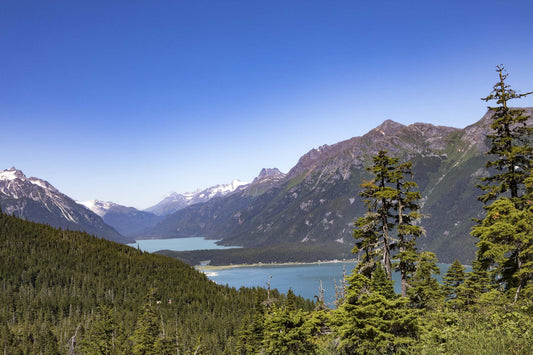 Mountains surrounding Chilkoot lake with lots of trees water and blue sky