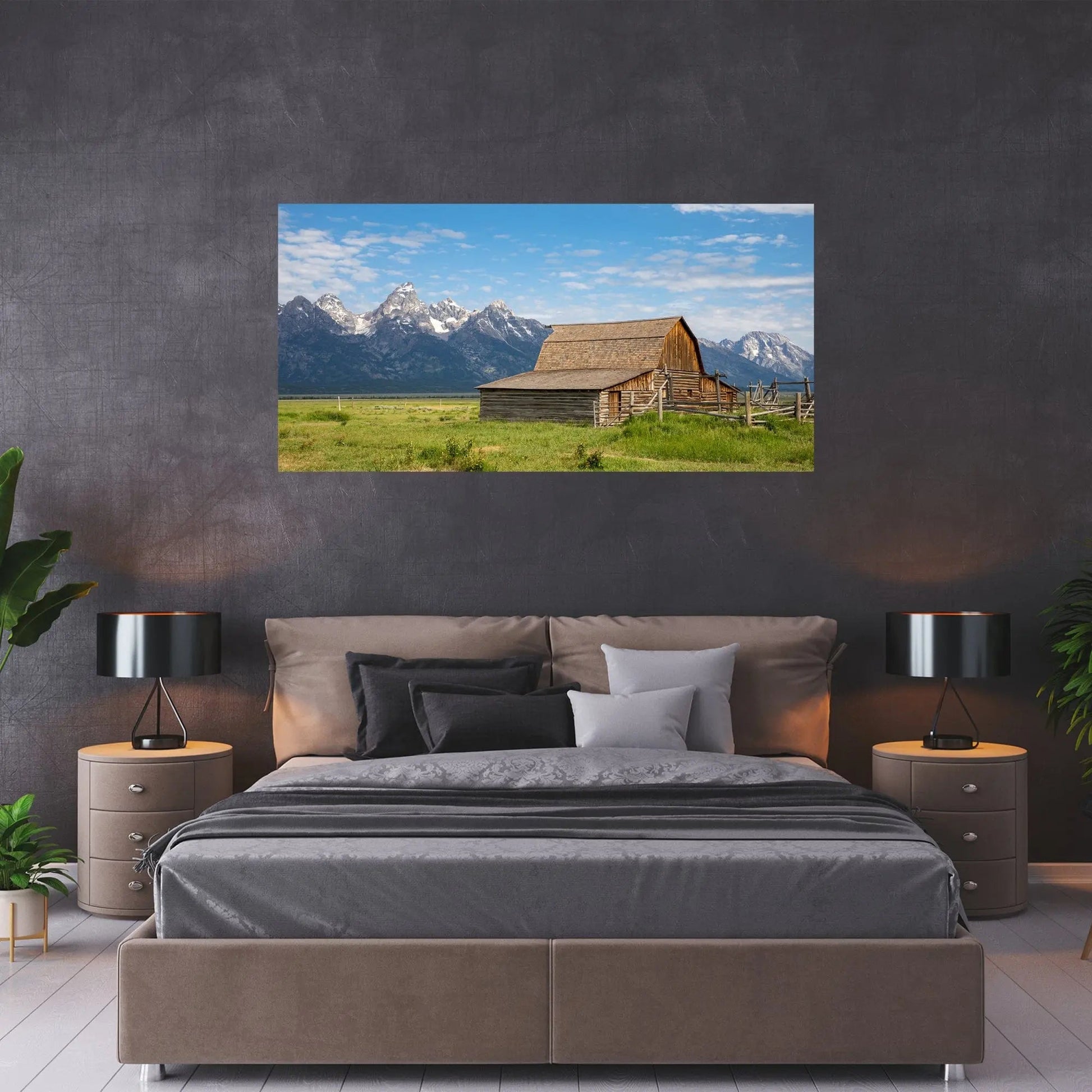 Large art of Moulton barn Mormon Row Wyoming hanging in brown and grey bedroom