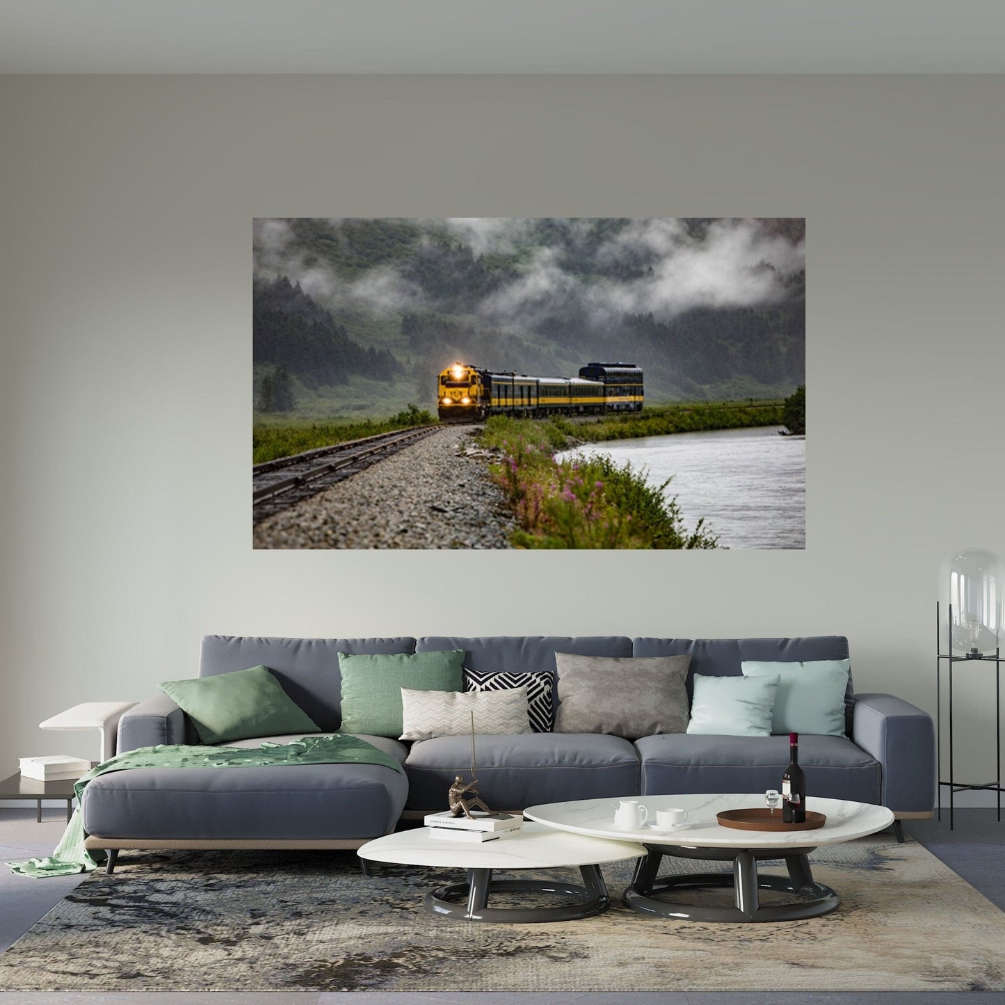 Alaska Train on tracks by cloudy mountain art displayed in living room