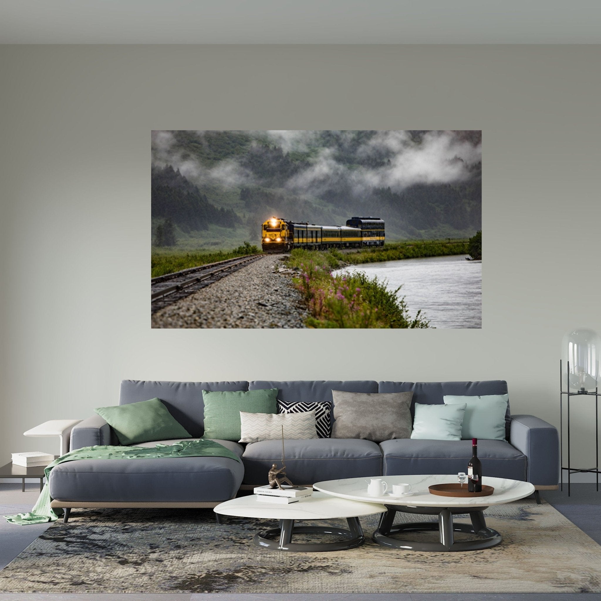 Alaska Railroad fine art photograph showcased in a contemporary living room with soft gray and muted green décor.