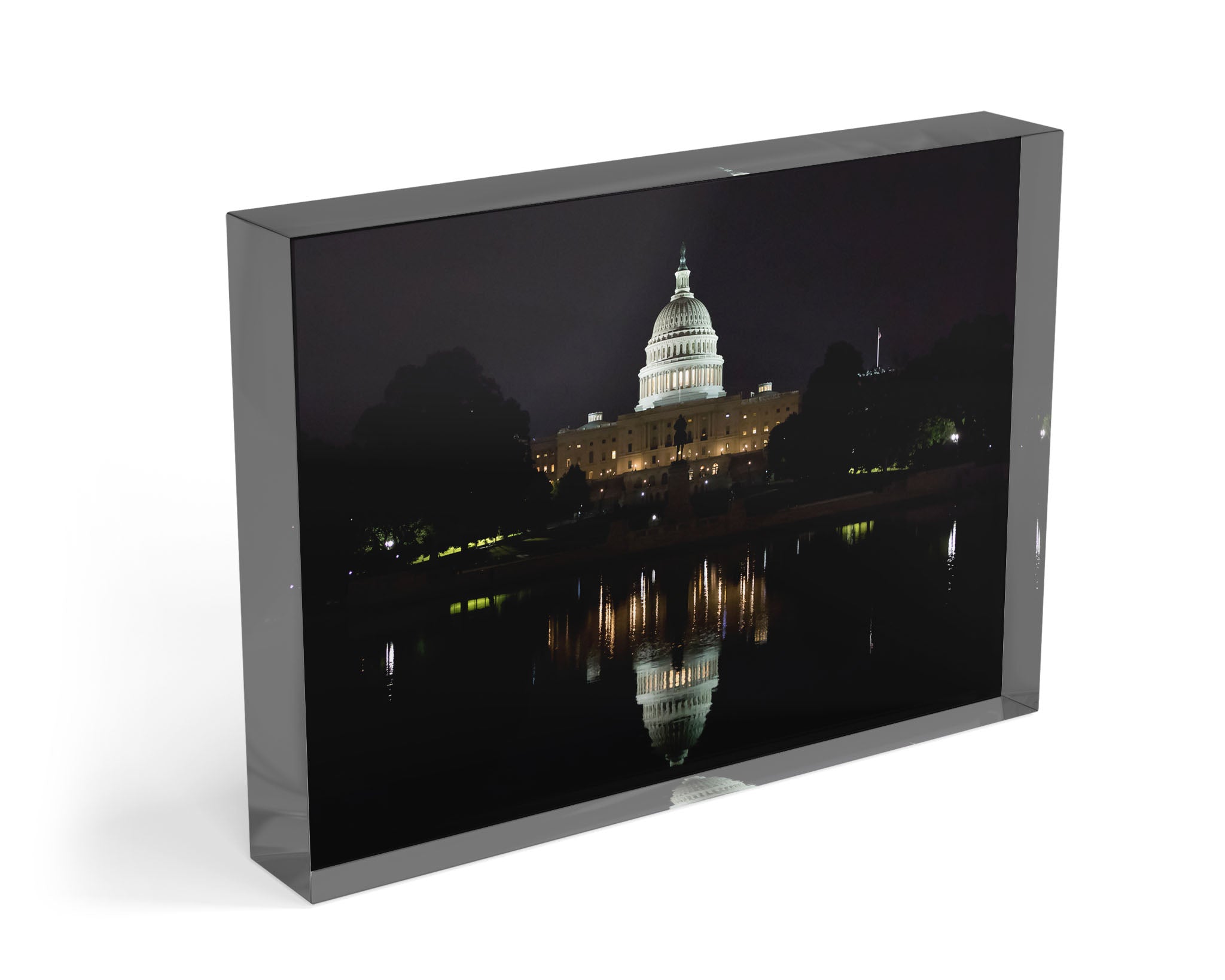 Freestanding acrylic block featuring US Capitol Reflection by Lisa Blount Photography with the illuminated U.S. Capitol reflected in water at night