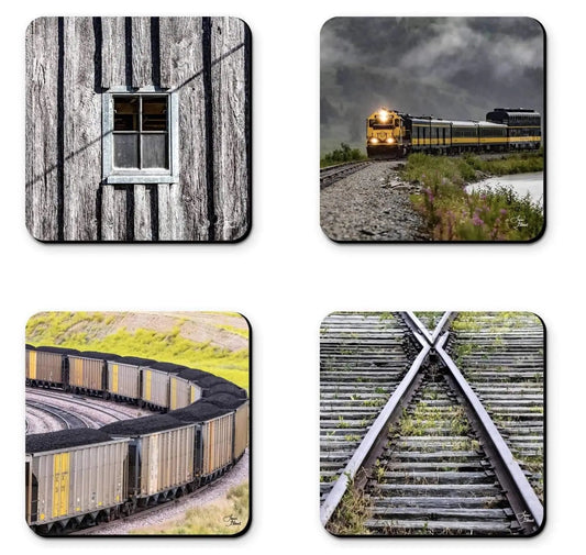 Train, track, cars and barn window coaster set lisa blount fine art photogrpahy