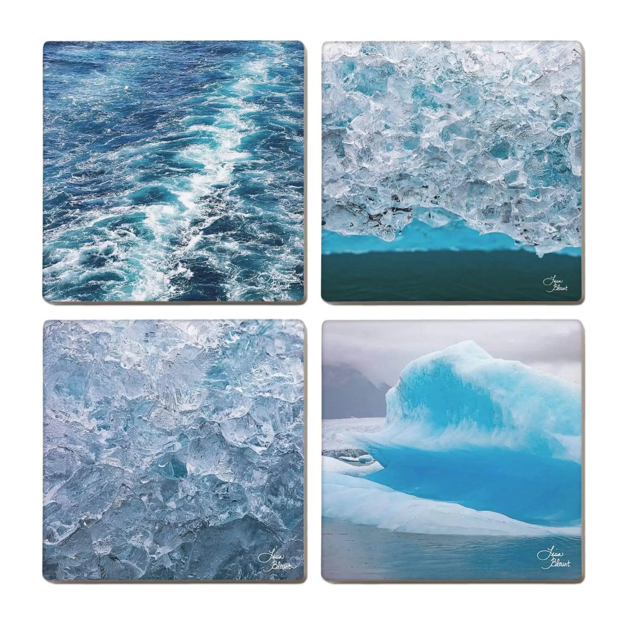 Coaster set mockup featuring Ice and Color of Blue Ocean Waves artworks from Alaska — bright blue water patterns adapted for small-format home décor.