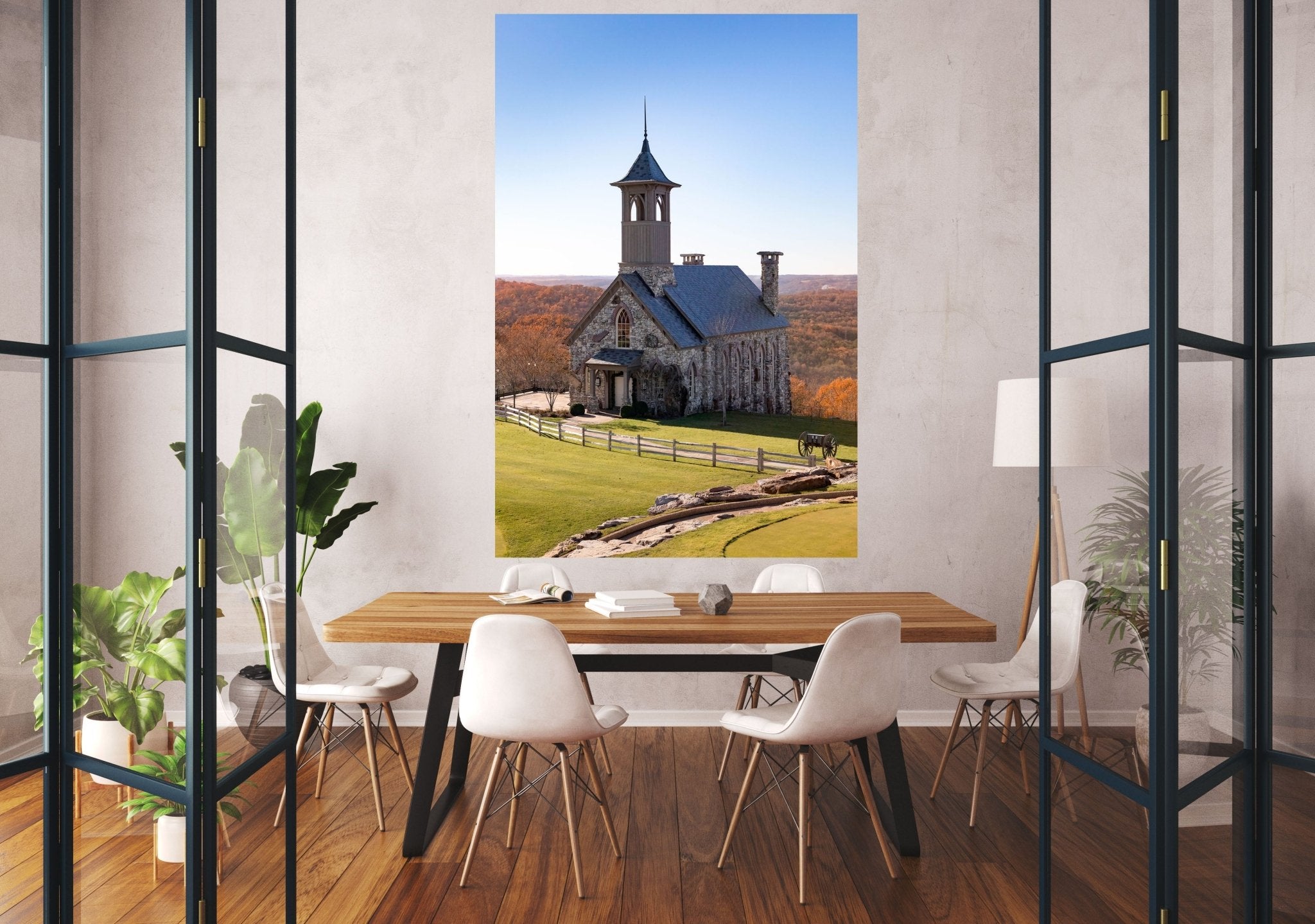 Chapel of the Ozarks fine art photography large wall art displayed in a glassed in dining room or conference room.