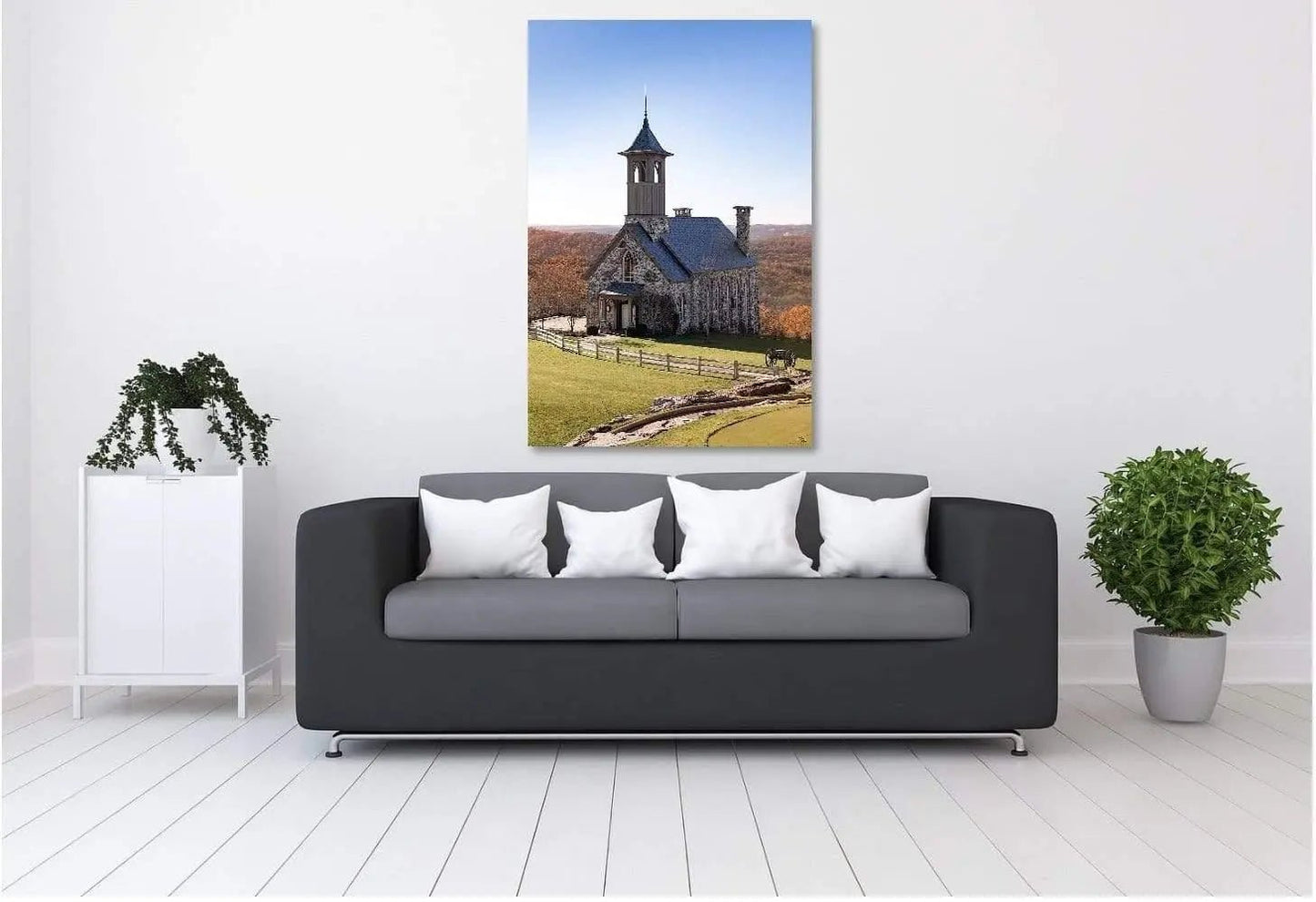 40x60 Bountiful Blessings Chapel art hanging over couch