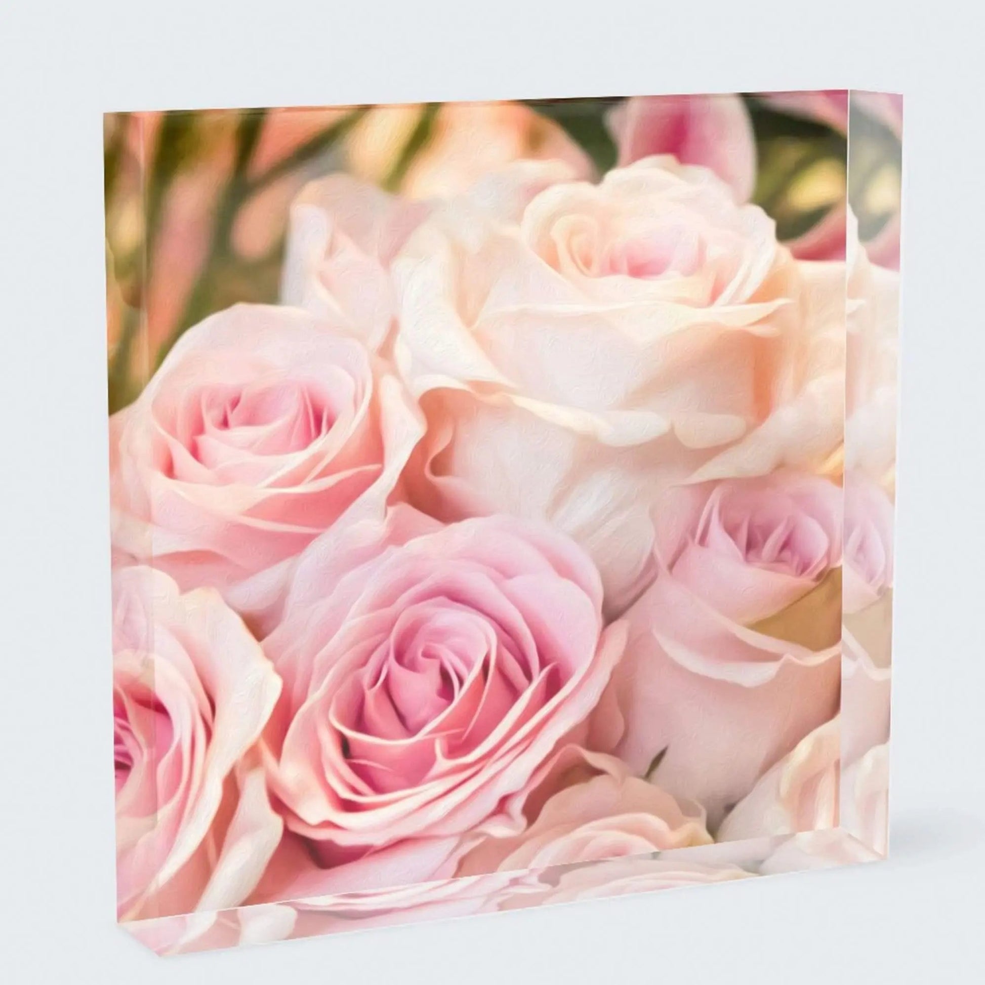Sweet display for feminine shelf decor of light pink rose photo attached to a clear acrylic block