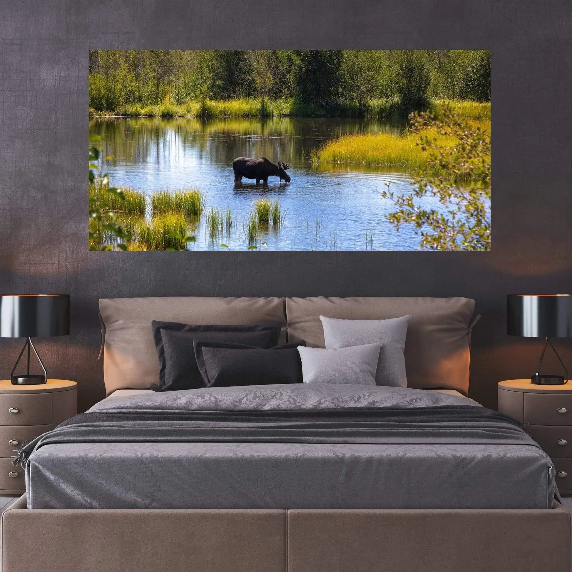 Color of Fall in Moose art on display on brown bedroom wall