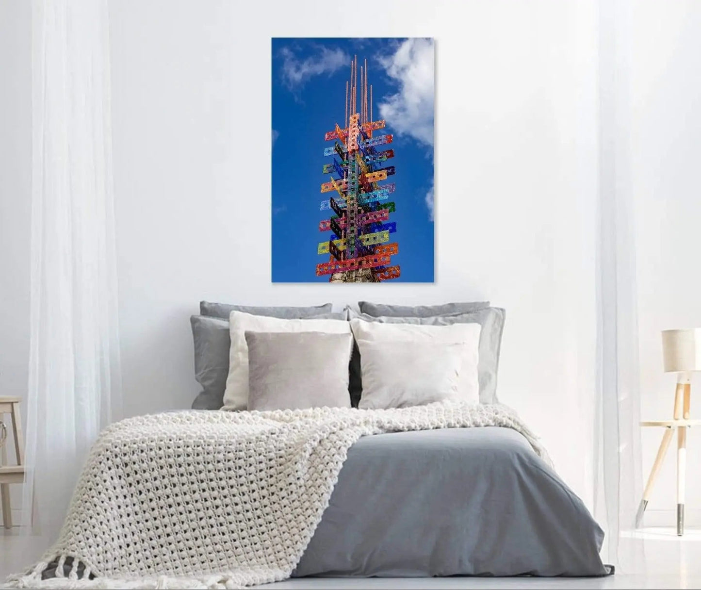 Room display of Columns to Heaven colorful glass art over bed wall decor