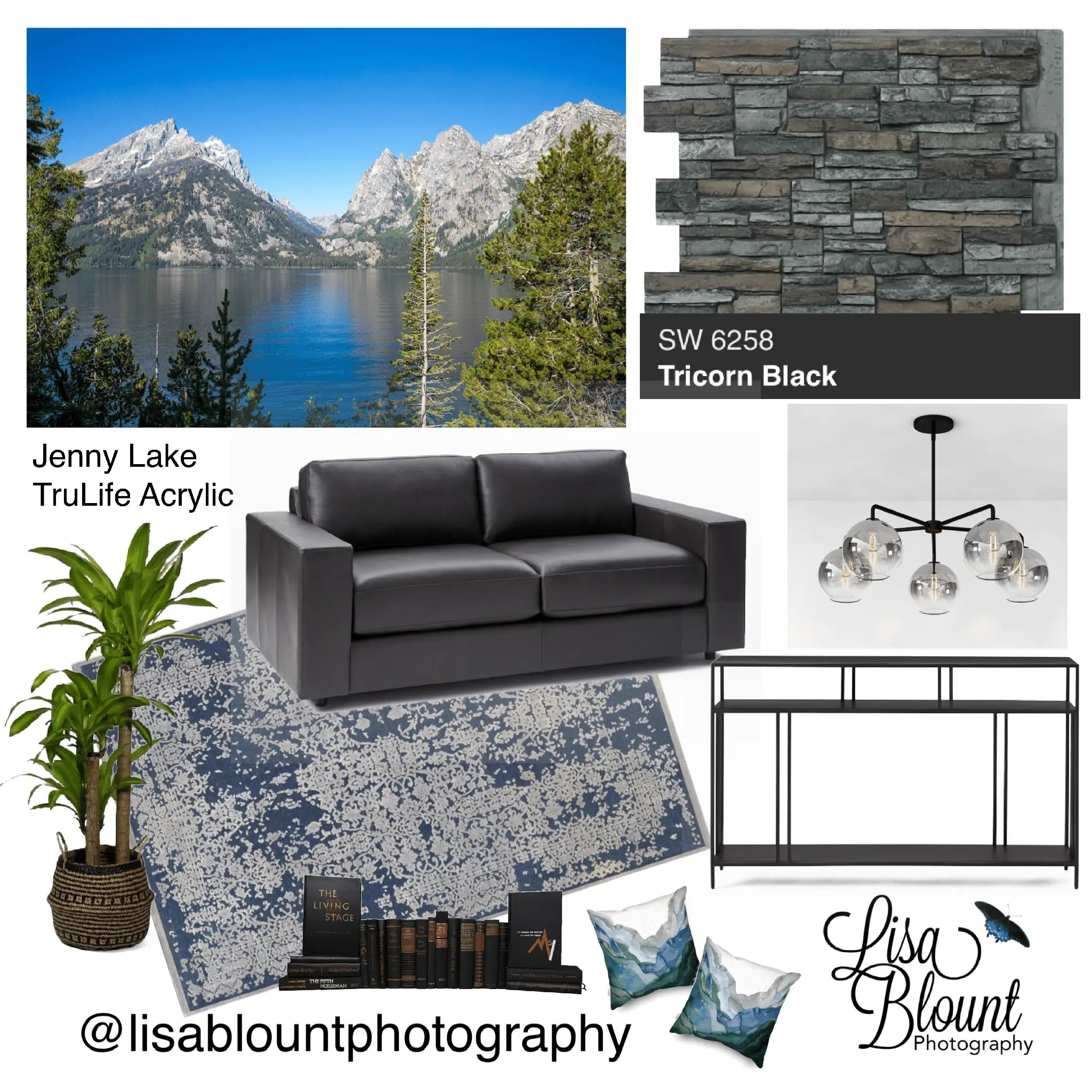 Interior design moodboard featuring Jenny Lake TruLife Acrylic wall art with coordinating furniture, textures, and paint colors.