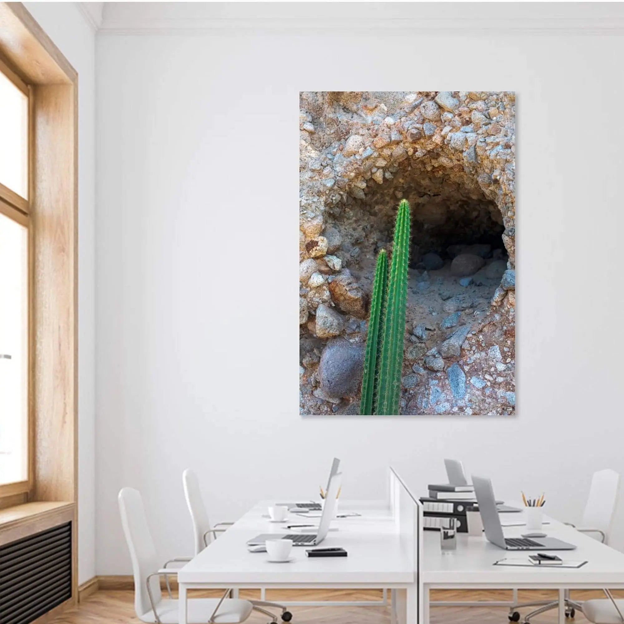 Large abstract wall decor featuring rock textures & greenery displayed on training room wall 30x45 fine art metal
