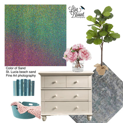 Fun mood board featuring Color of Sand abstract wall art perfect setting for sunroom or girls room