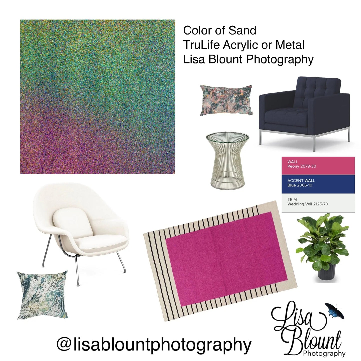 mood board focused on pinks blues white and green creating fun room decor by Lisa Blount