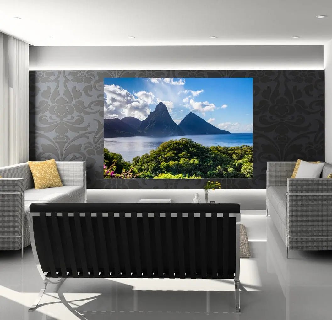 St Lucia Pitons large wall art hanging in contemporary condo apartment. Fine art photography print of St. Lucia's Gros Piton and Petit Piton.