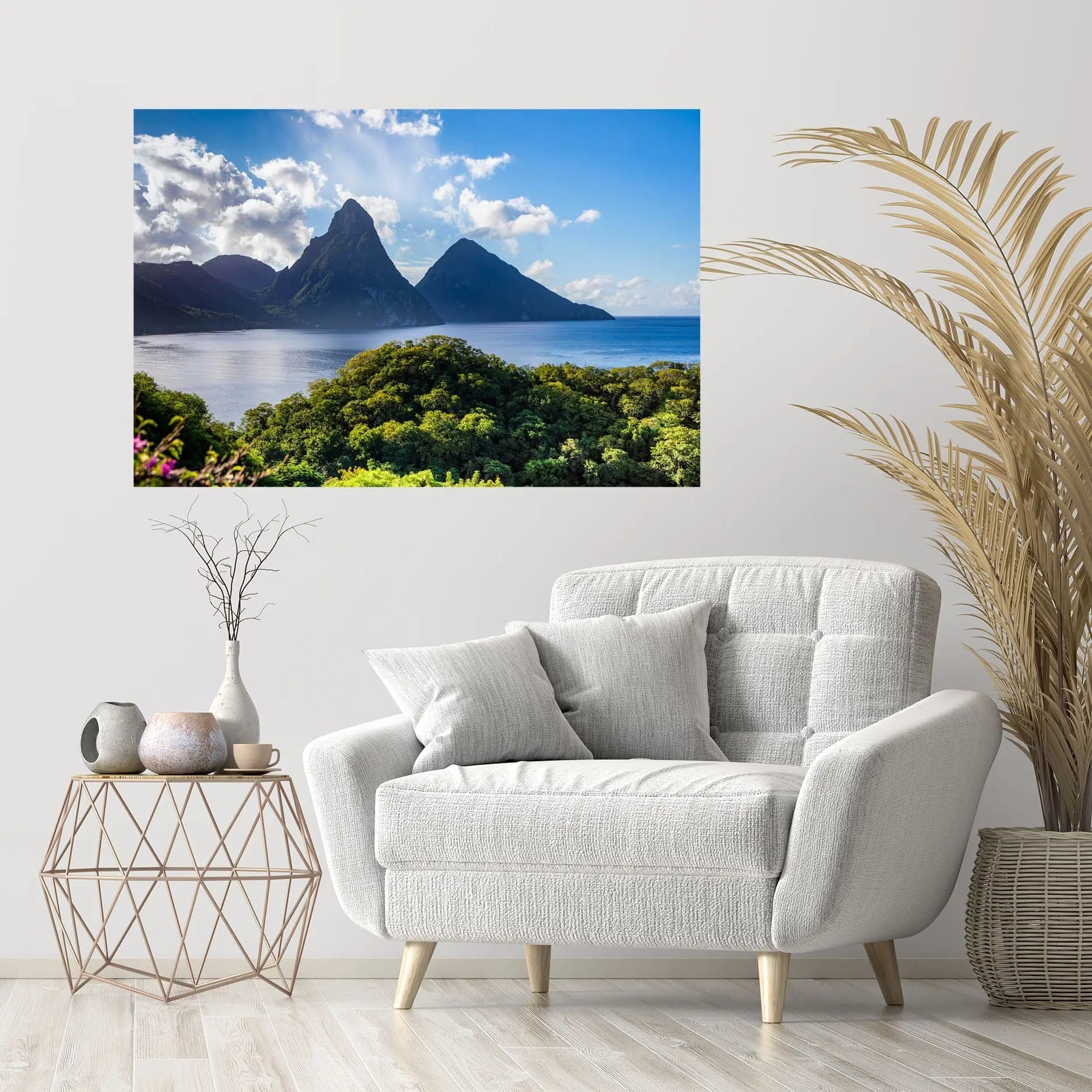 Fine art photography print of St. Lucia's Gros Piton and Petit Piton - 60x40 or 30x20 wall decor in home sitting area.