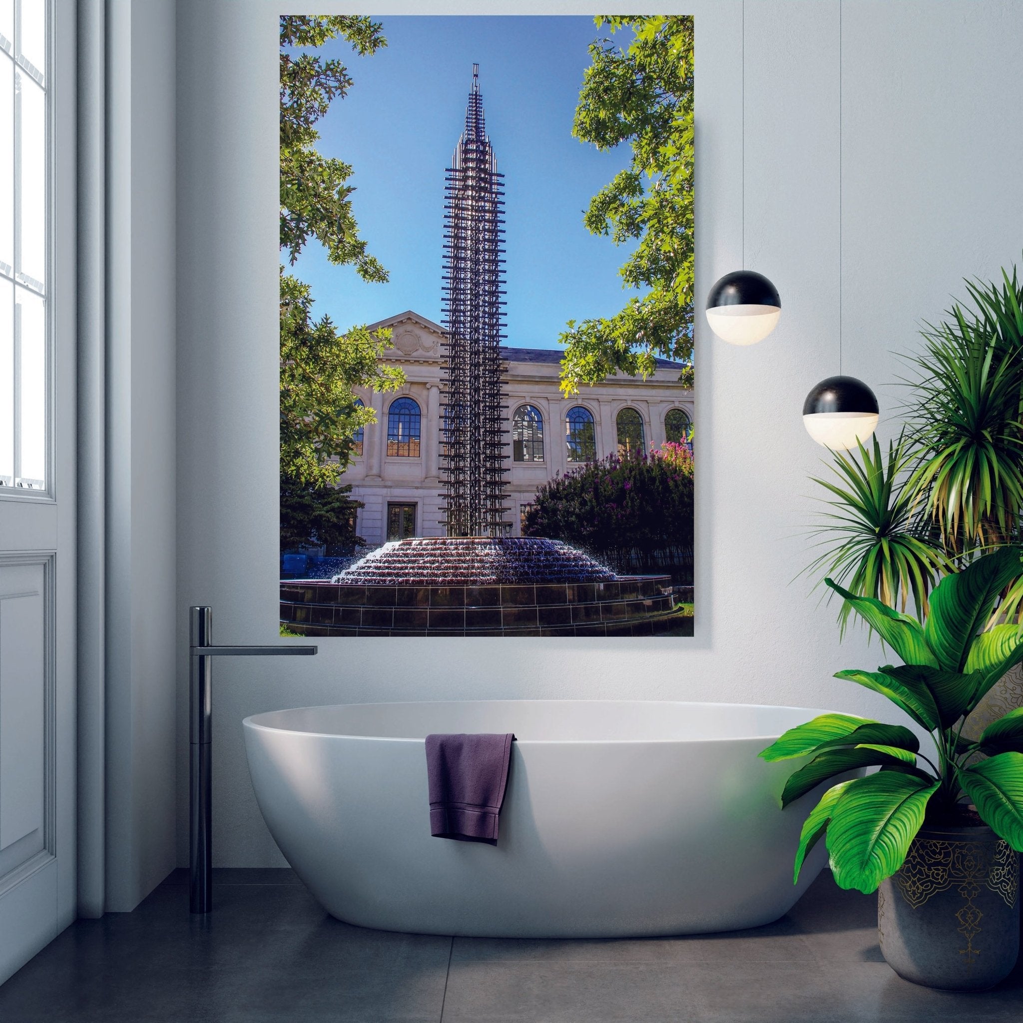 UARK Fulbright peace fountain on modern bathroom wall