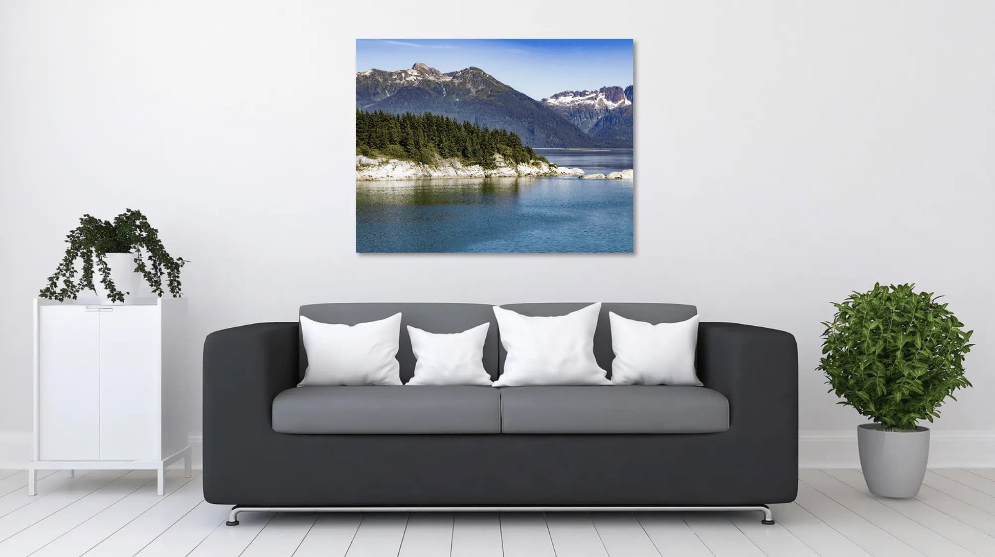 Glacier Bay Alaska landscape sunbathing sea lions fine art photography room view pine trees rocks snow tipped mountains