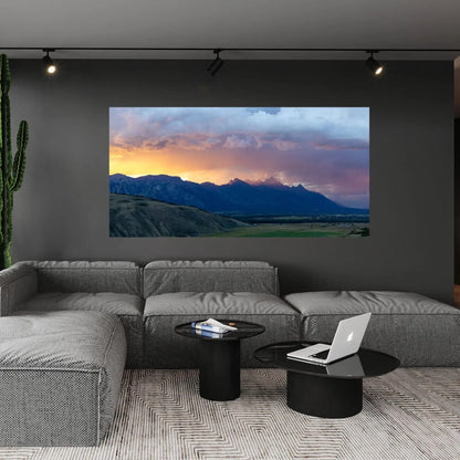 Teton Mountain Sunset wall art above couch 52x26