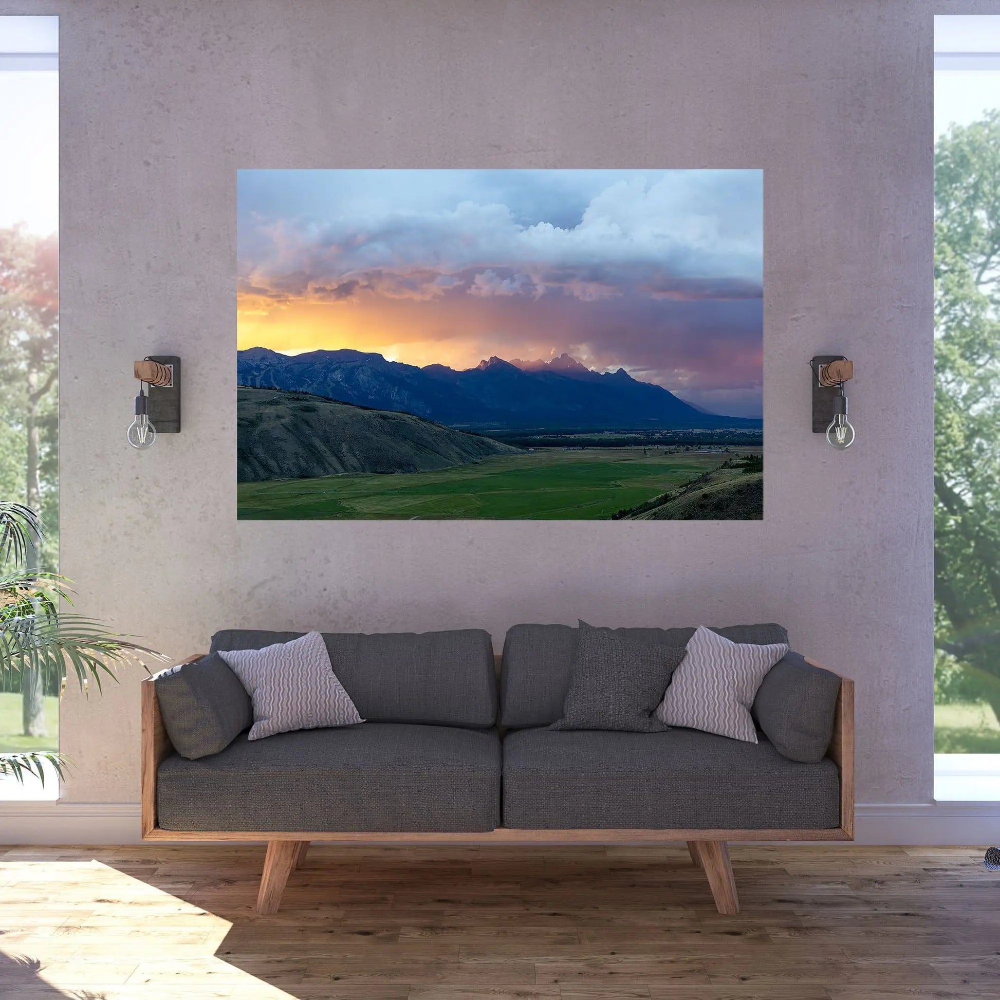 teton mountain sunset on wall behind couch 60x40 trulife acrylic home decor nature wall art multi-hued sky