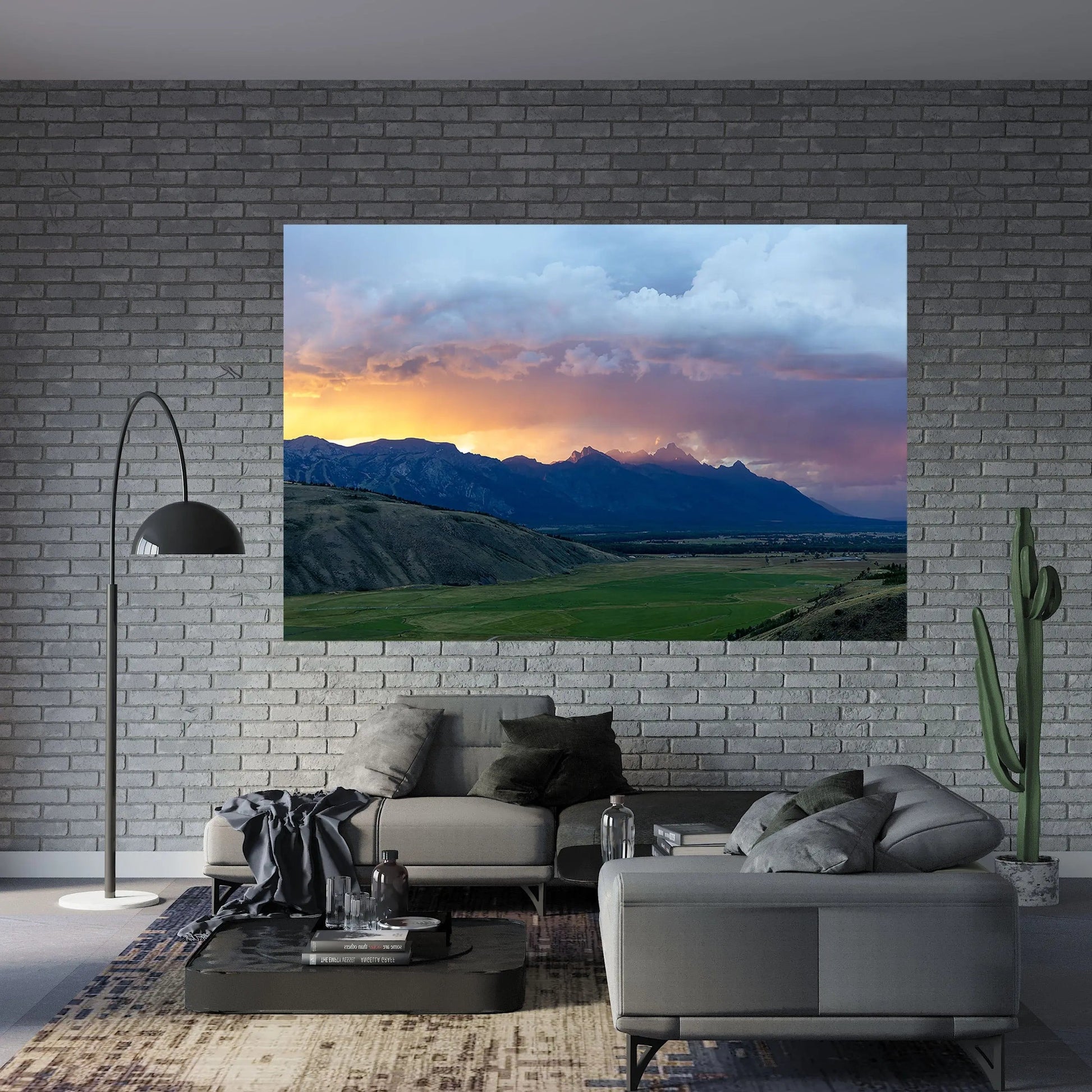 mesmerizing grand teton mountain sunset 60x40 on brick wall in living room acrylic art photography