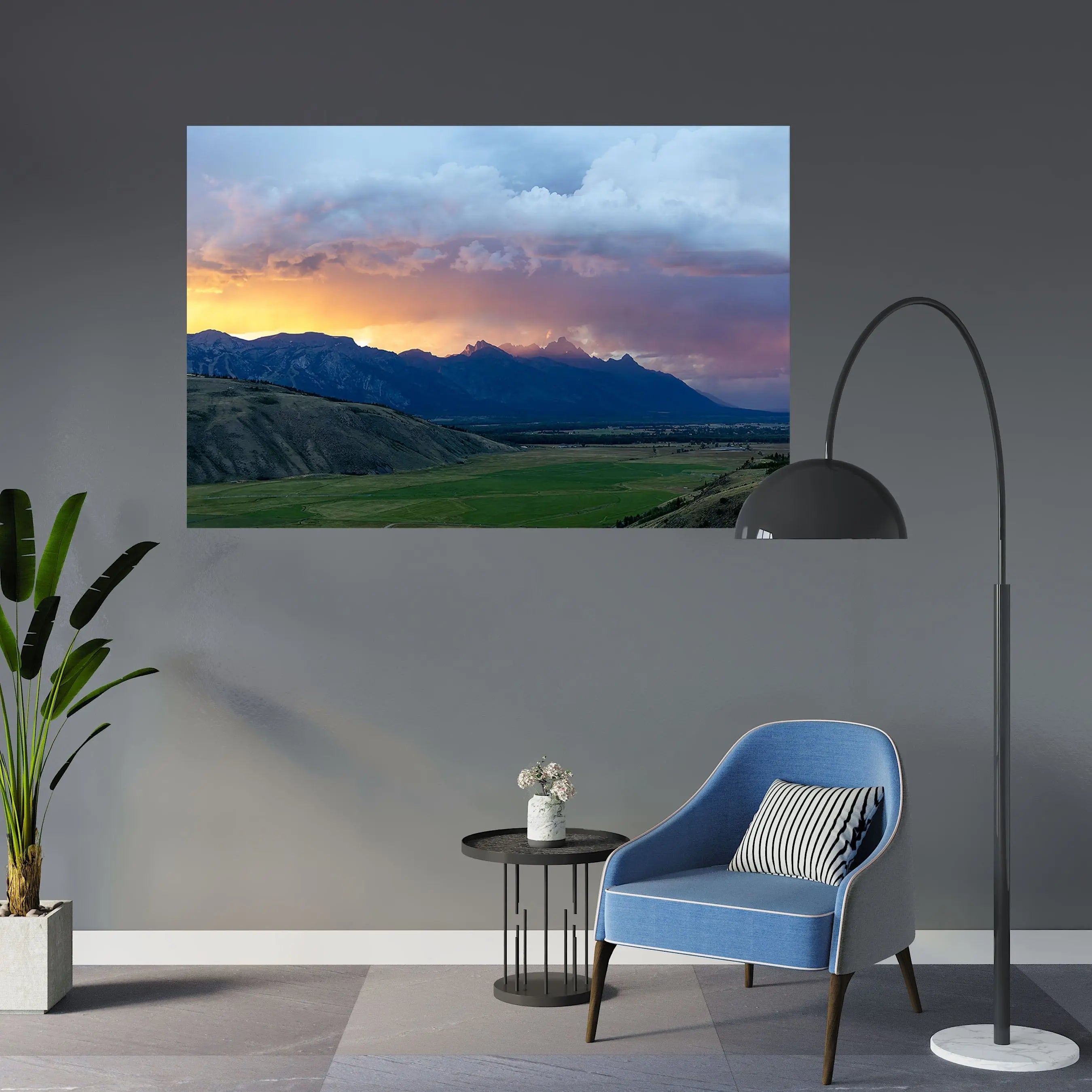 teton mountain sunset on gray wall by chair 30x20 American West sunset sky home decor