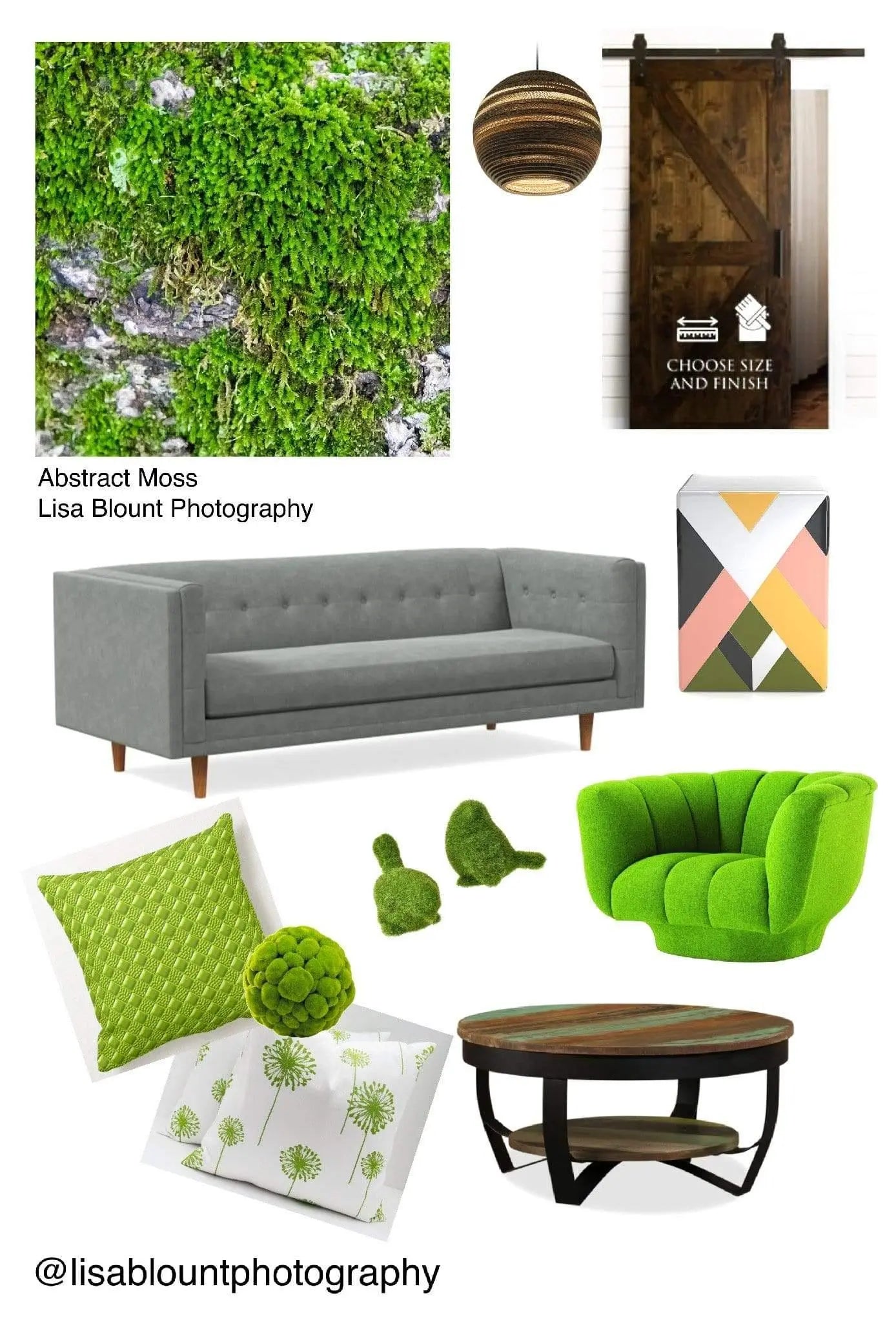 Mood board of furniture accessories to coordinate with Abstract Green Moss fine art