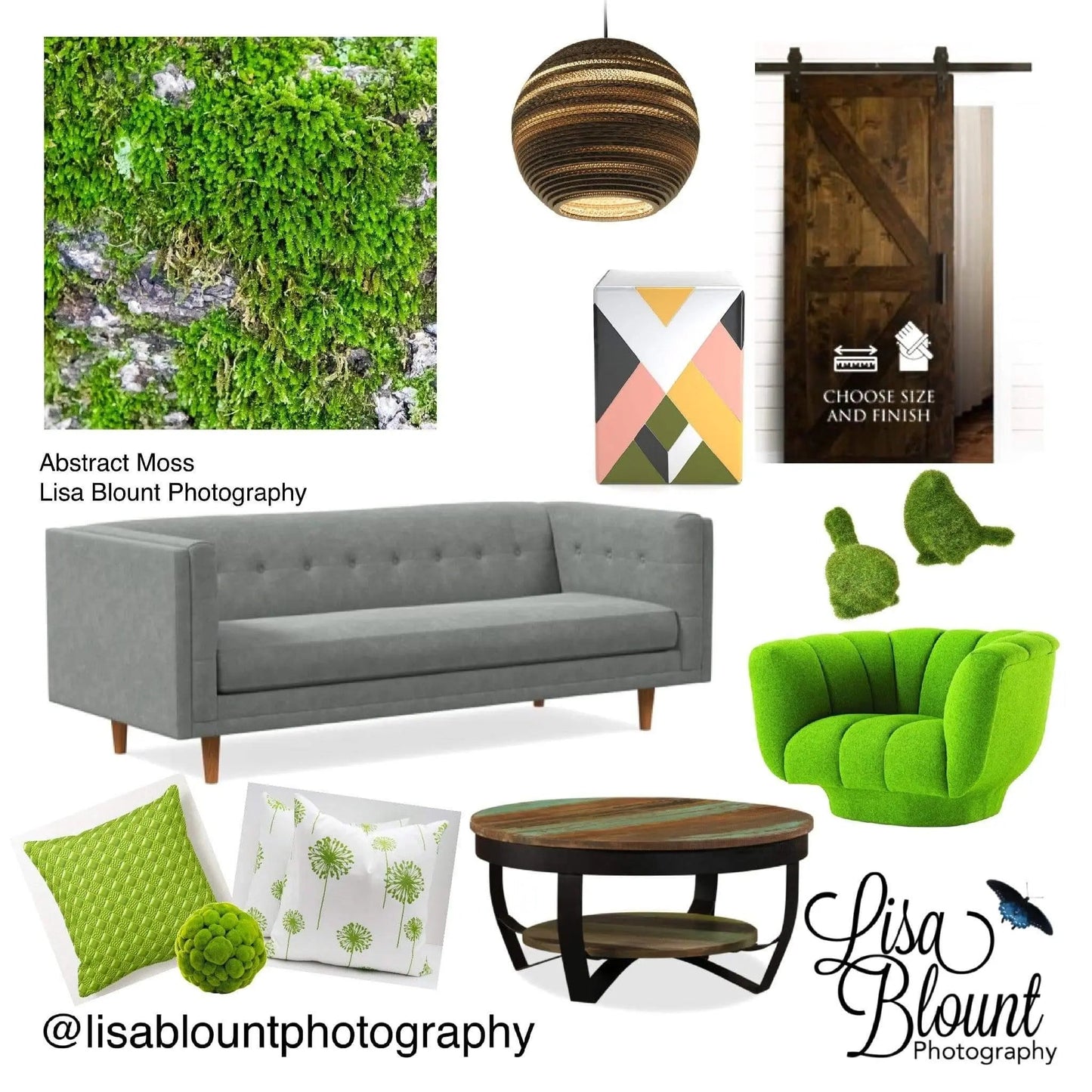 Mood board of furniture to pair with Abstract Green Moss fine art