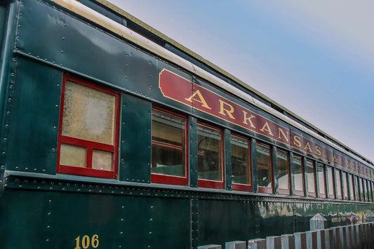 30x20 acrylic art of green and red train passenger car on the Arkansas Missouri railroad track in Van Buren