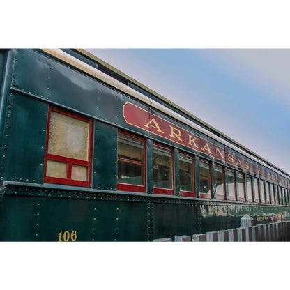 30x20 metal wall décor art green and red train passenger car on the Arkansas Missouri railroad track in Van Buren
