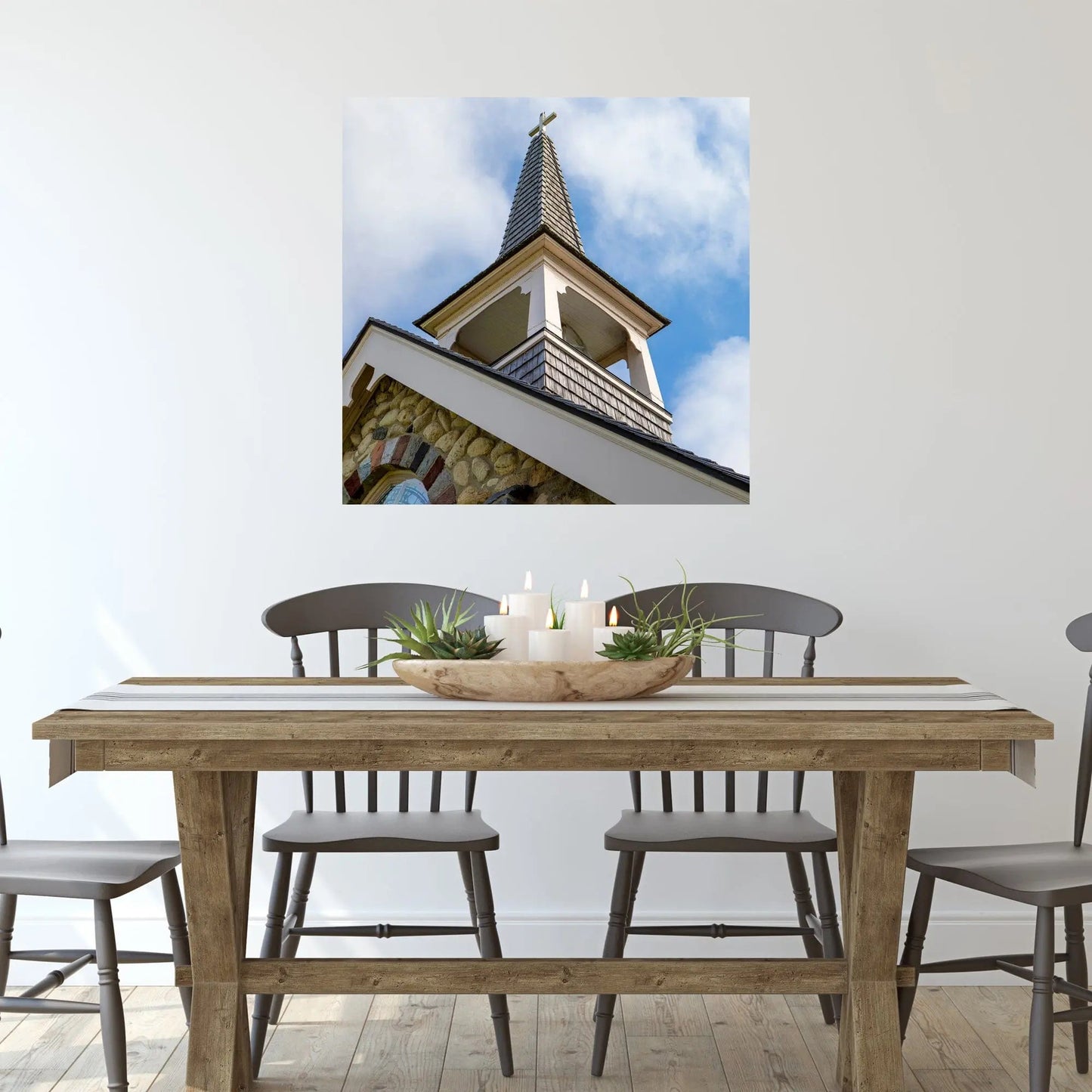 mackinac island stone church steeple fine art photography in room view