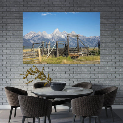 Dining room with art - Rustic fence cattle chute in front of the grand tetons Wyoming Lisa Blount Photography