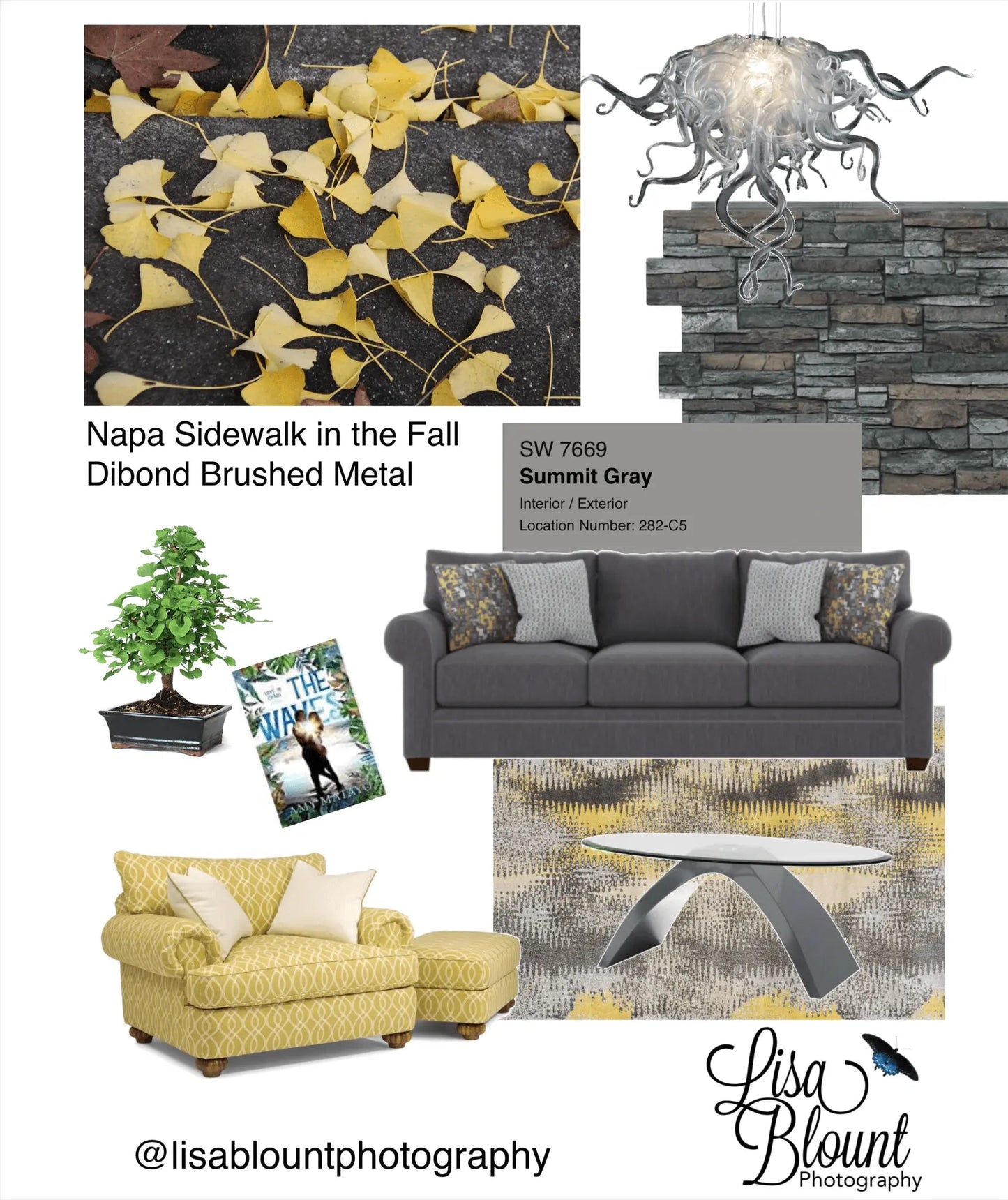 cozy yellow gray mood board with abstract leaf art ginkgo leaves 40x30