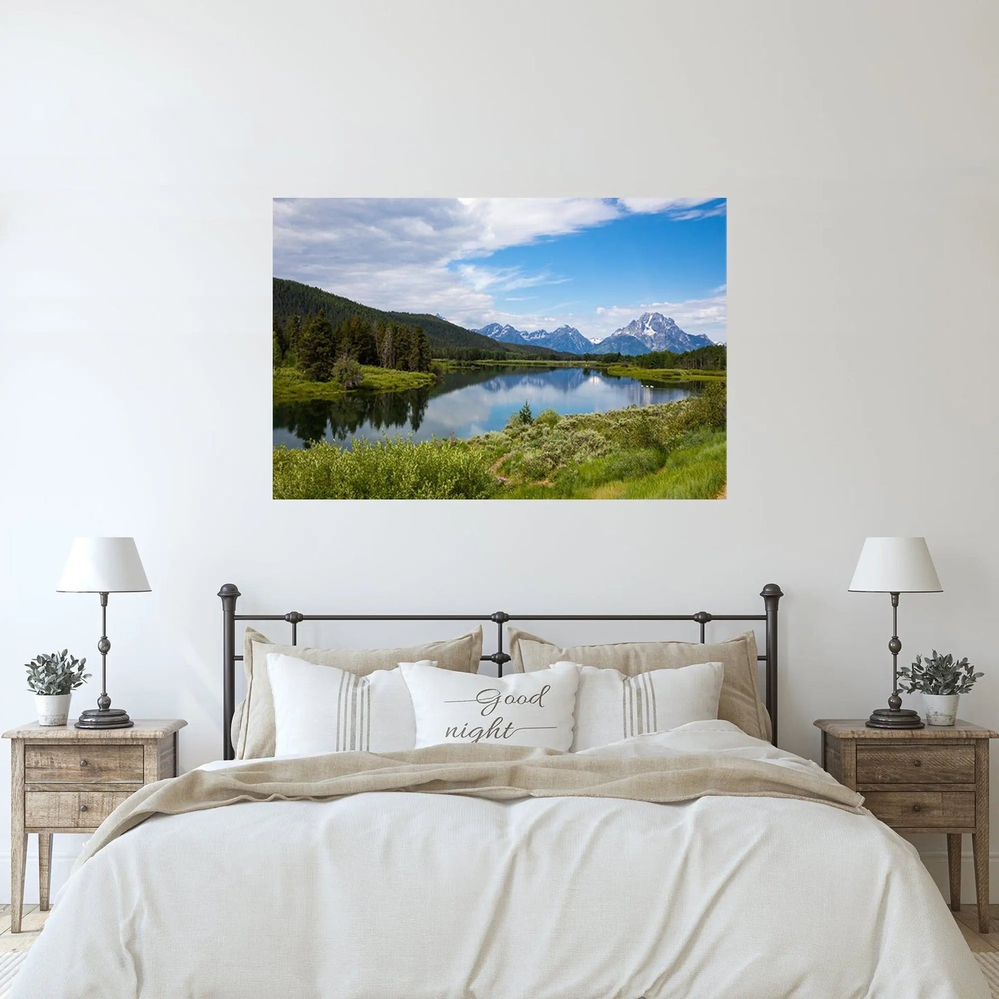 Oxbow Bend fine art display above farmhouse bed.  Art by Lisa Blount Photography.