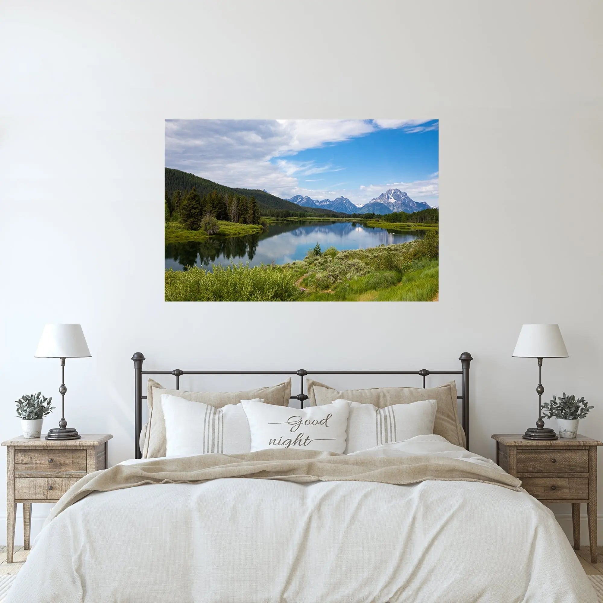 Oxbow Bend fine art display above farmhouse bed. Art by Lisa Blount Photography.