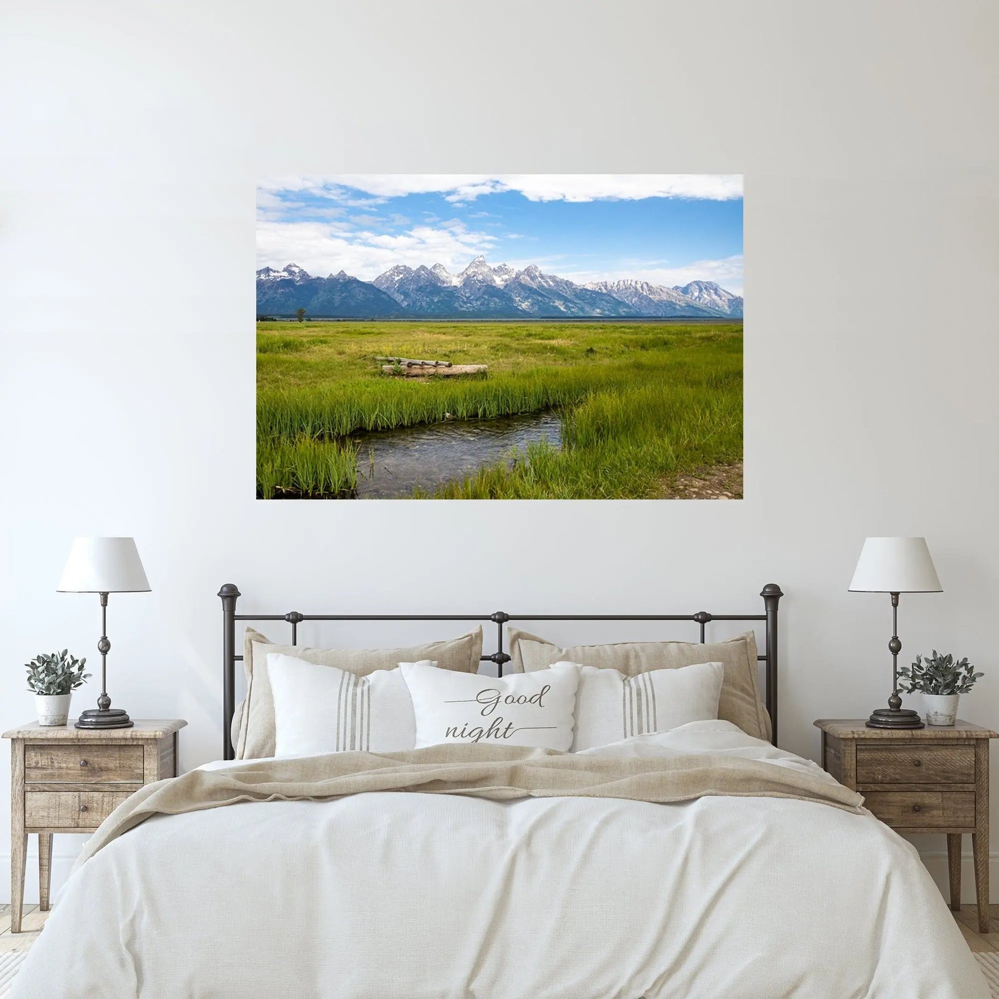 Tetons fine art wall decor by Lisa Blount displayed over farmhouse bed