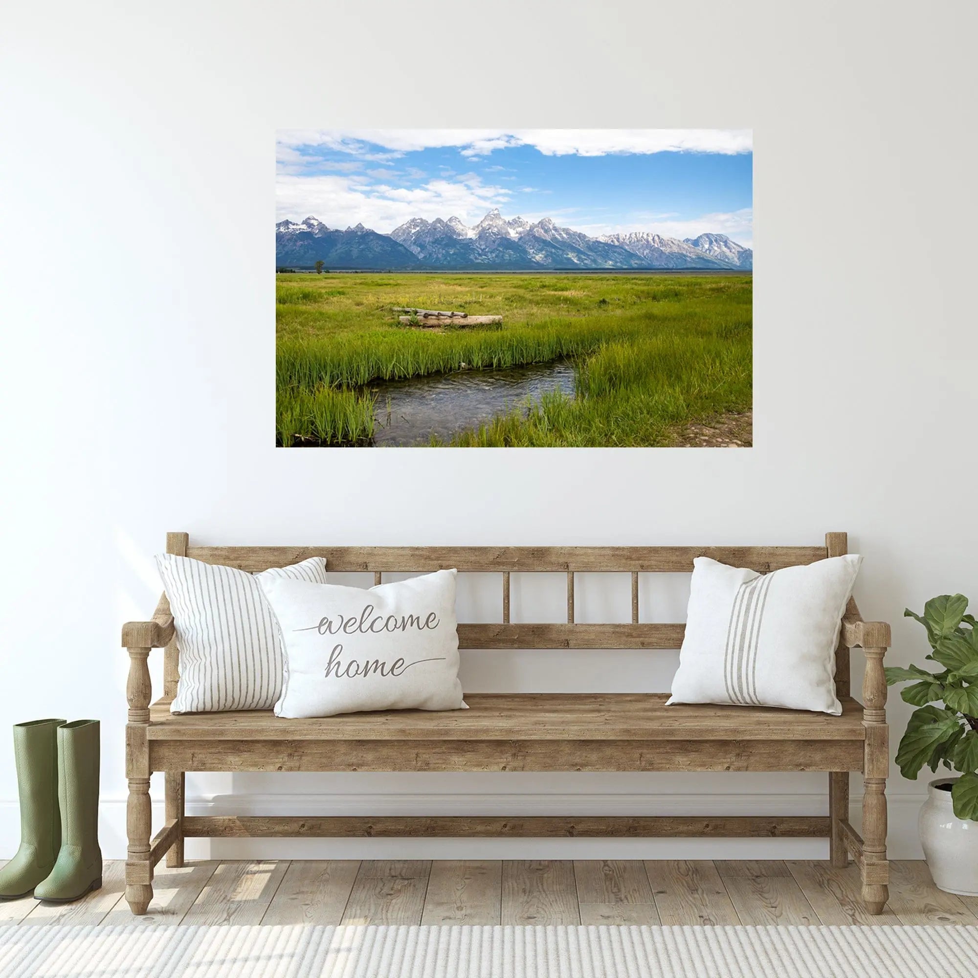 Creek Grand Tetons fine art wall decor above bench Lisa Blount